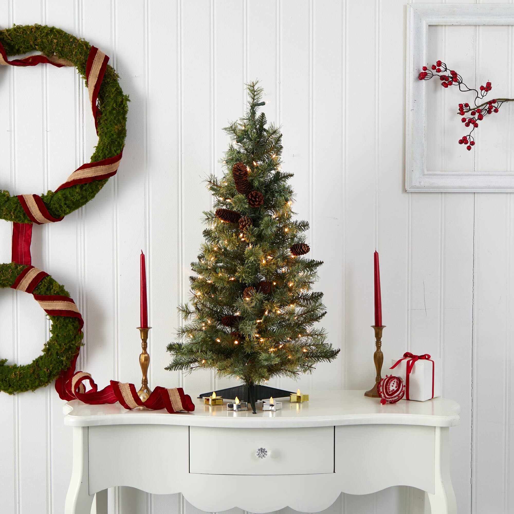 3ft. Pre-Lit Artificial Christmas Tree with Pinecones, Clear Lights